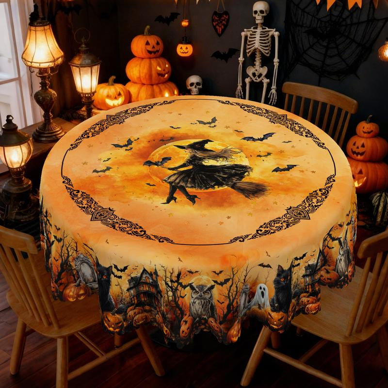 Eikione-Spooky Night Halloween Tablecloth – Moon, Bat & Graveyard Print – Waterproof & Wrinkle-Free for Any Table Shape