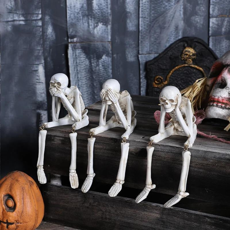 3Pcs Halloween Statues No-Evil Skeleton Collectible-Figurines - Realistic Skull Decorations See Speak Hear No Evil Home Decor Set of 3, 2.3L X 4W X 4.3H Inch Ornaments Swinging Pumpkin Mini Finger Scary Flying Ghost Doll Costume Bat Wings Pet