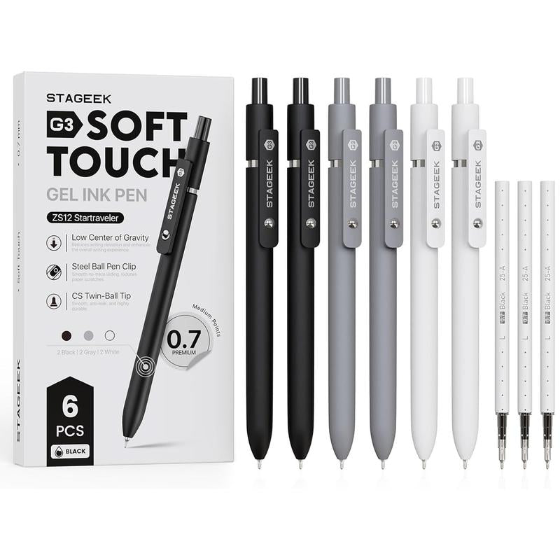 Black Gel Pens, 6Pcs 0.7Mm Quick Dry Black Ink Pens with 3 Extra Refills, Fine Point Smooth Writing Pens for Journaling, Office, Note Taking, School Supplies, Nurse Aesthetic(Black Gray White&Gradient)