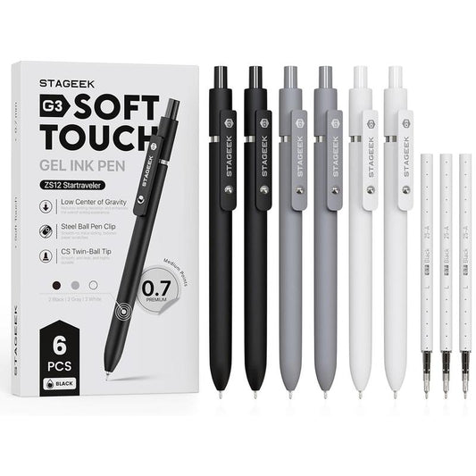 Black Gel Pens, 6Pcs 0.7Mm Quick Dry Black Ink Pens with 3 Extra Refills, Fine Point Smooth Writing Pens for Journaling, Office, Note Taking, School Supplies, Nurse Aesthetic(Black Gray White&Gradient)