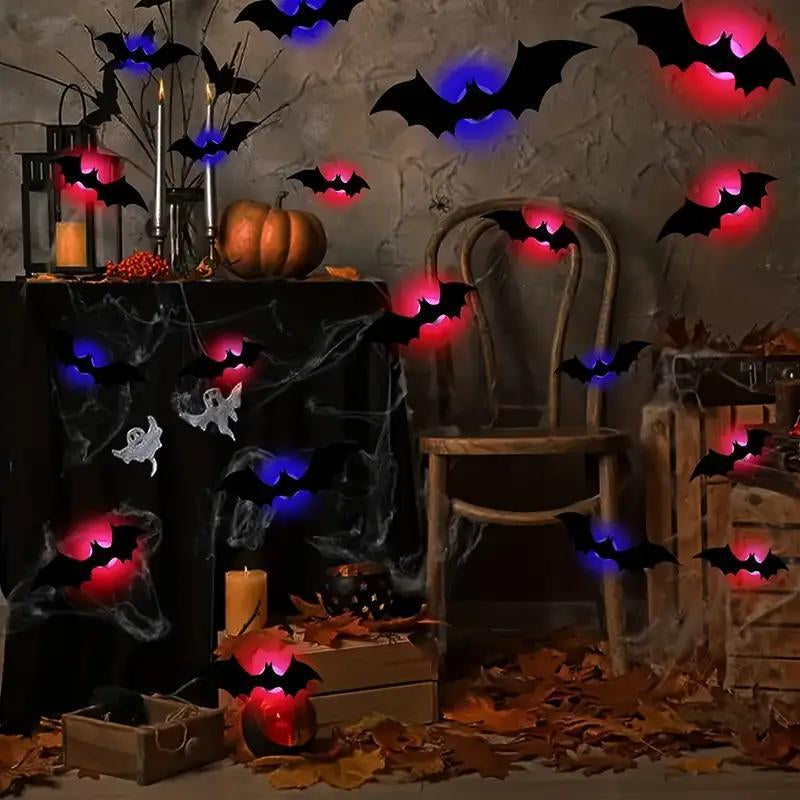 Bougerv 3D Bat Design LED Decorations 12Pcs/24Pcs Set Spooky Ornaments for Home Party Festival Halloween Easy Install Wall Stickers Smooth Application - Decorative(Non-Remote)