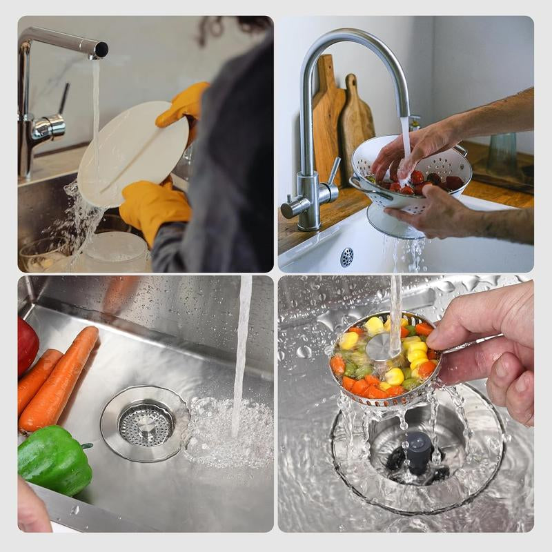 All Metal Stainless Steel 3-In-1 Kitchen Sink Drain Strainer and Stopper Combo, Upgraded Sink Stopper, Anti-Clog Stainless Steel Basket Strainer with Handle, Suitable for US Standard 3-1/2 Inch Drains