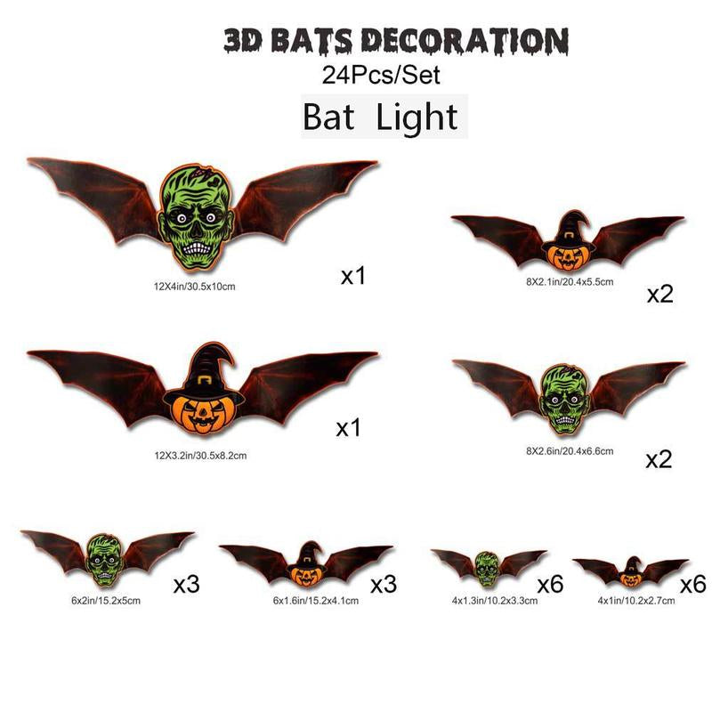 Bougerv 3D Bat Design LED Decorations 12Pcs/24Pcs Set Spooky Ornaments for Home Party Festival Halloween Easy Install Wall Stickers Smooth Application - Decorative(Non-Remote)