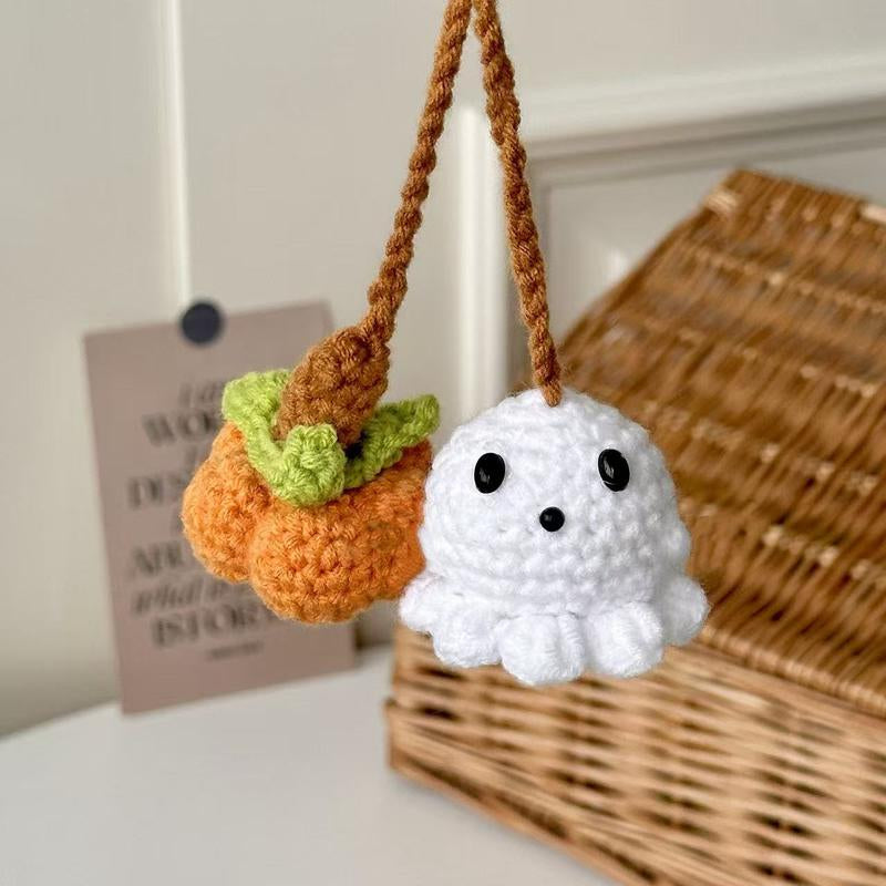 Halloween 2025,Decor,Crochet,Ghost Pumpkin Rearview Mirror Charm,Hanging Car Charm, Handmade Halloween Ornament, Amigurumi Spooky Cute Décor, Durable Yarn, Easy to Hang, Fits Car Mirror Doors Walls Trees, Multi, Holiday