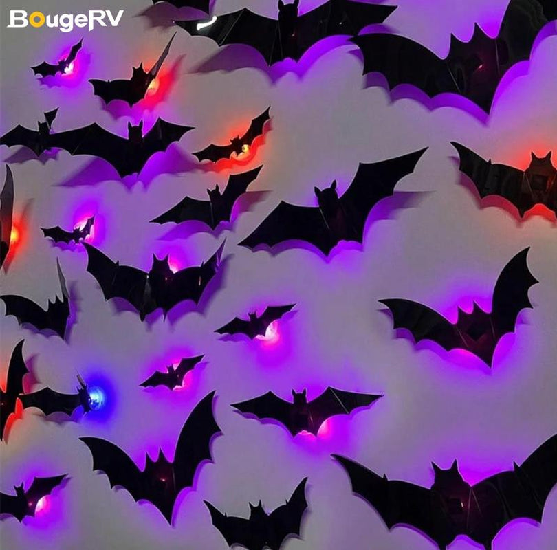 Bougerv 3D Bat Design LED Decorations 12Pcs/24Pcs Set Spooky Ornaments for Home Party Festival Halloween Easy Install Wall Stickers Smooth Application - Decorative(Non-Remote)