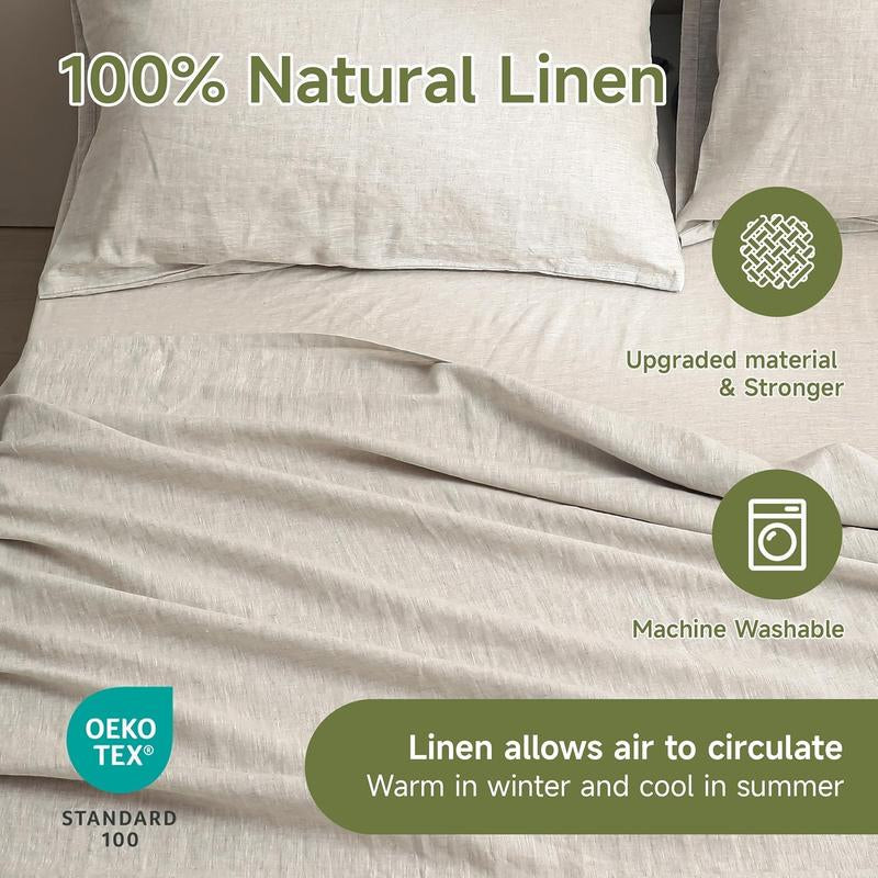 Simple&Opulence 100% Linen Sheets Set, Natural French Linen Bed Sheets, Breathable Soft Durable Bedding Set for All Season