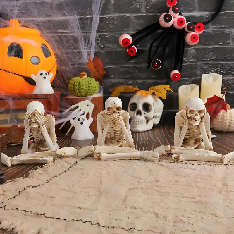 3Pcs Halloween Statues No-Evil Skeleton Collectible-Figurines - Realistic Skull Decorations See Speak Hear No Evil Home Decor Set of 3, 2.3L X 4W X 4.3H Inch Ornaments Swinging Pumpkin Mini Finger Scary Flying Ghost Doll Costume Bat Wings Pet