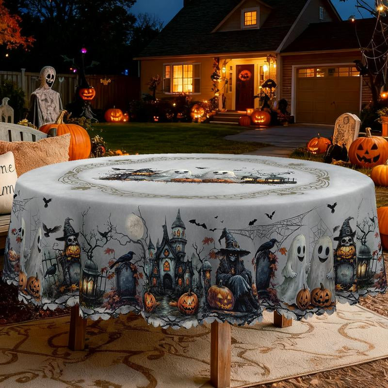 Eikione-Spooky Night Halloween Tablecloth – Moon, Bat & Graveyard Print – Waterproof & Wrinkle-Free for Any Table Shape