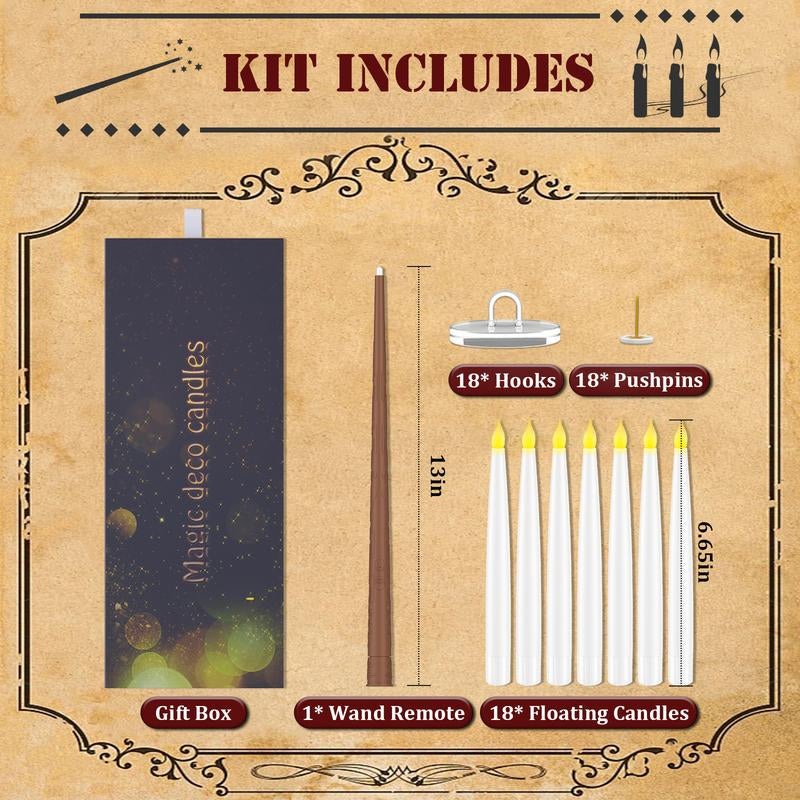 Floating Flameless Halloween Candles with Magic Wand Remote, 6.6" Hanging LED Taper Candles with Hooks & Fishing Line, Flickering Battery Operated Candles for Christmas, Windows, Spooky Indoor Outdoor Decor