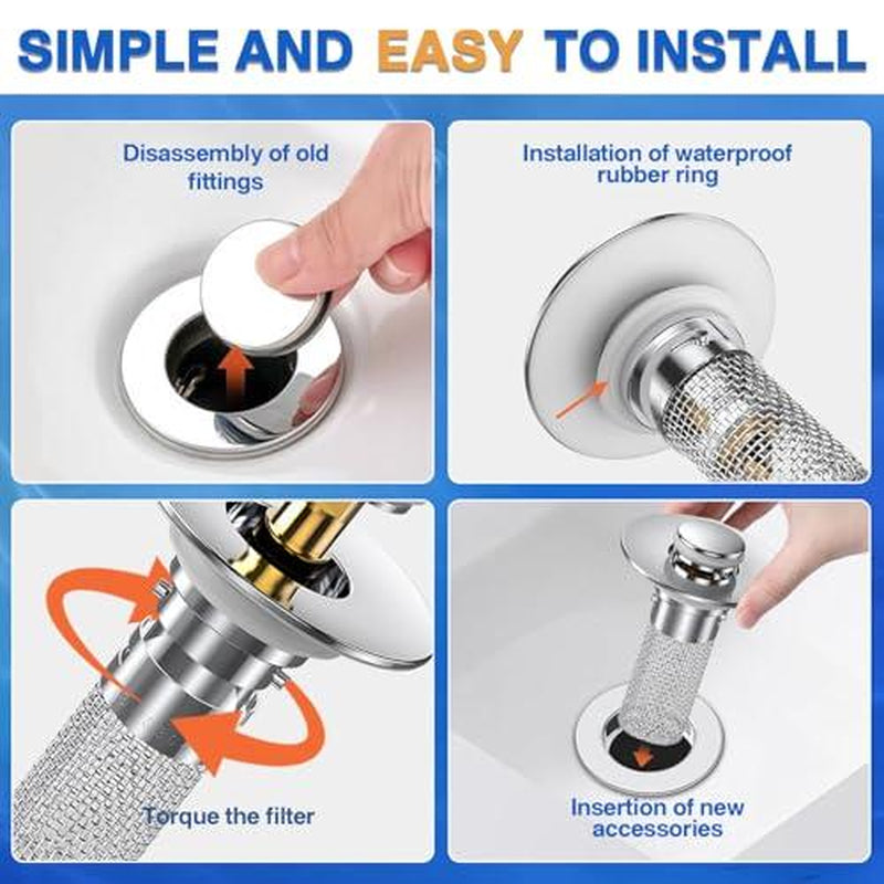 2-Pack Pop-Up Bathroom Sink Drain Strainer with Removable Stainless Steel Filter Basket - Universal Sink Stopper for Bathroom & Kitchen Basins