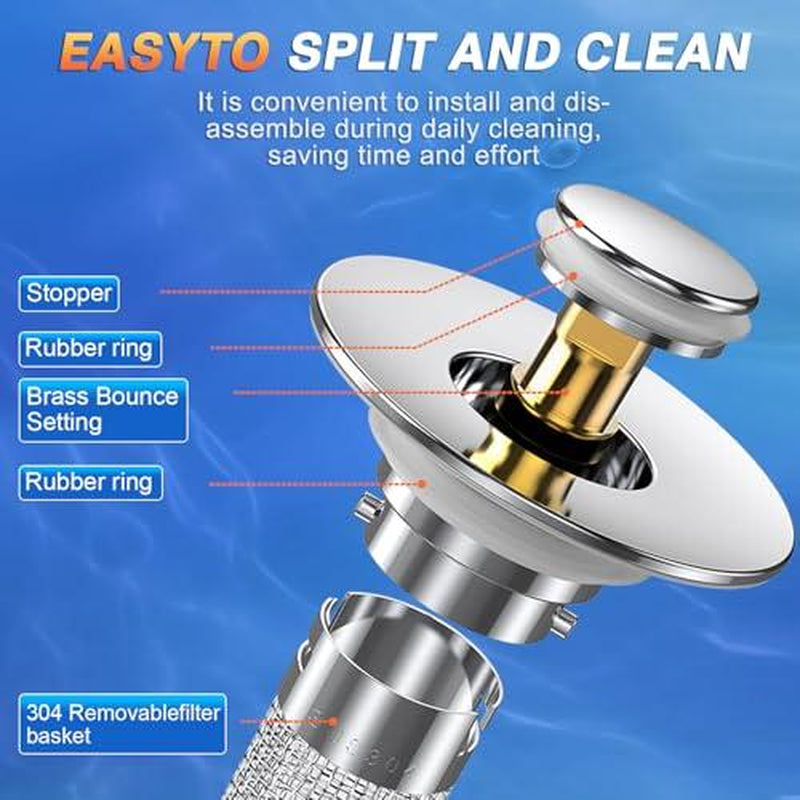 2-Pack Pop-Up Bathroom Sink Drain Strainer with Removable Stainless Steel Filter Basket - Universal Sink Stopper for Bathroom & Kitchen Basins