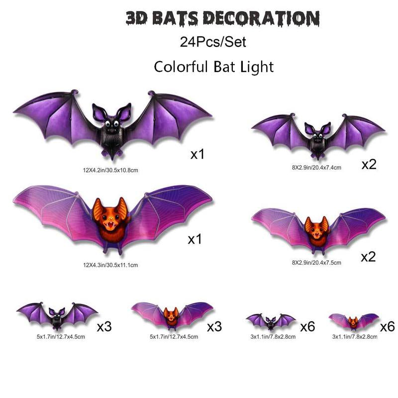 Bougerv 3D Bat Design LED Decorations 12Pcs/24Pcs Set Spooky Ornaments for Home Party Festival Halloween Easy Install Wall Stickers Smooth Application - Decorative(Non-Remote)