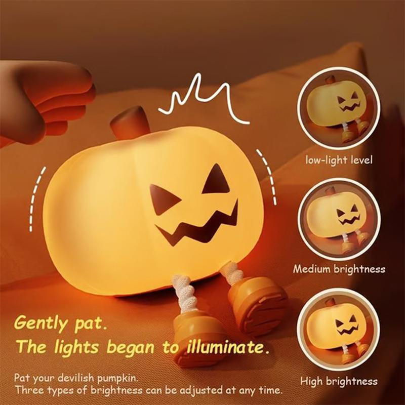 Halloween Pumpkin Nightlight, Halloween Outdoor Decoration, Mini LED Pumpkin Lamp, with 3-Level Adjustable Light, Child-Friendly Nightlight, Safe Silicone Rechargeable Bedside Touch Light, Suitable for Families