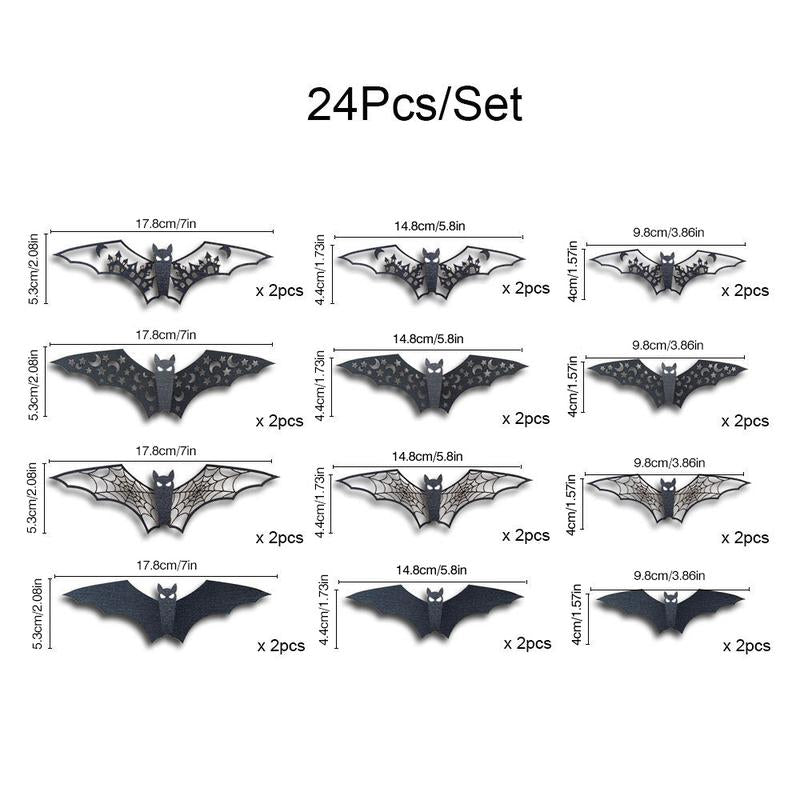 Bougerv 3D Bat Design LED Decorations 12Pcs/24Pcs Set Spooky Ornaments for Home Party Festival Halloween Easy Install Wall Stickers Smooth Application - Decorative(Non-Remote)