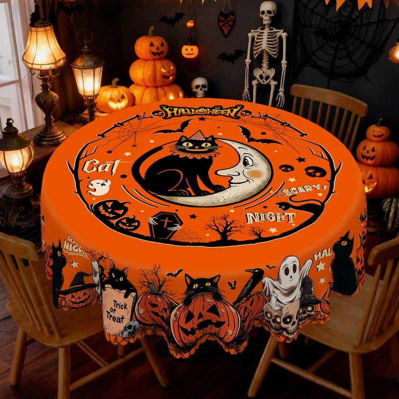 Eikione-Spooky Night Halloween Tablecloth – Moon, Bat & Graveyard Print – Waterproof & Wrinkle-Free for Any Table Shape