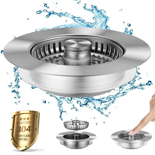 All Metal Stainless Steel 3-In-1 Kitchen Sink Drain Strainer and Stopper Combo, Upgraded Sink Stopper, Anti-Clog Stainless Steel Basket Strainer with Handle, Suitable for US Standard 3-1/2 Inch Drains
