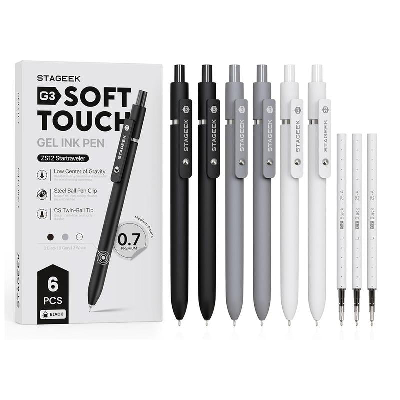 Black Gel Pens, 6Pcs 0.7Mm Quick Dry Black Ink Pens with 3 Extra Refills, Fine Point Smooth Writing Pens for Journaling, Office, Note Taking, School Supplies, Nurse Aesthetic(Black Gray White&Gradient)