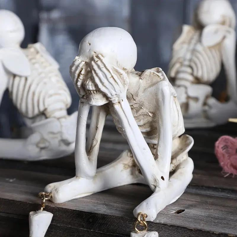 3Pcs Halloween Statues No-Evil Skeleton Collectible-Figurines - Realistic Skull Decorations See Speak Hear No Evil Home Decor Set of 3, 2.3L X 4W X 4.3H Inch Ornaments Swinging Pumpkin Mini Finger Scary Flying Ghost Doll Costume Bat Wings Pet