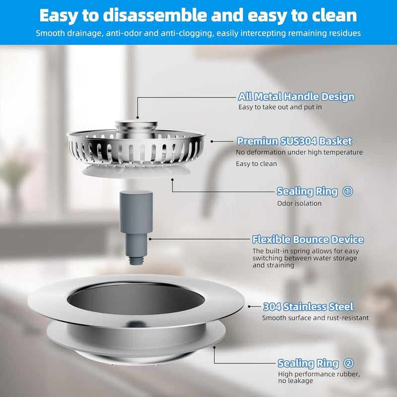 All Metal Stainless Steel 3-In-1 Kitchen Sink Drain Strainer and Stopper Combo, Upgraded Sink Stopper, Anti-Clog Stainless Steel Basket Strainer with Handle, Suitable for US Standard 3-1/2 Inch Drains