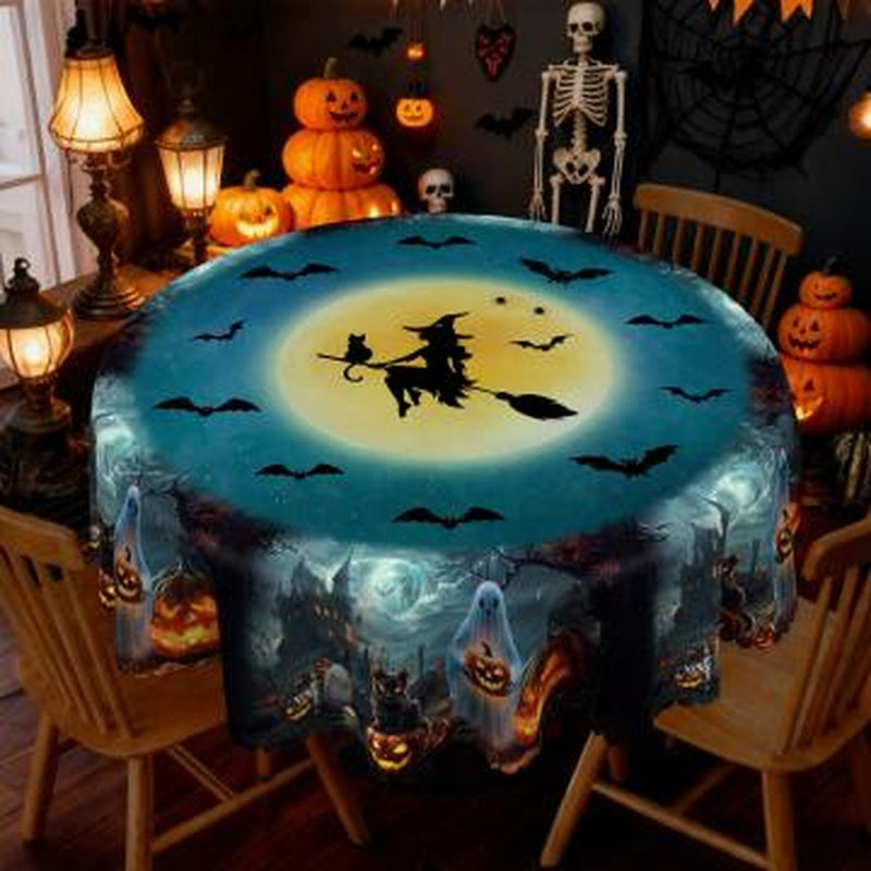 Eikione-Spooky Night Halloween Tablecloth – Moon, Bat & Graveyard Print – Waterproof & Wrinkle-Free for Any Table Shape