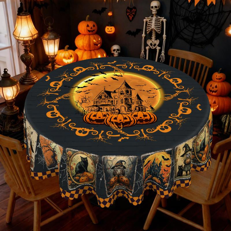 Eikione-Spooky Night Halloween Tablecloth – Moon, Bat & Graveyard Print – Waterproof & Wrinkle-Free for Any Table Shape