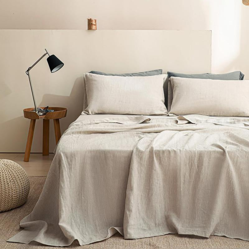 Simple&Opulence 100% Linen Sheets Set, Natural French Linen Bed Sheets, Breathable Soft Durable Bedding Set for All Season