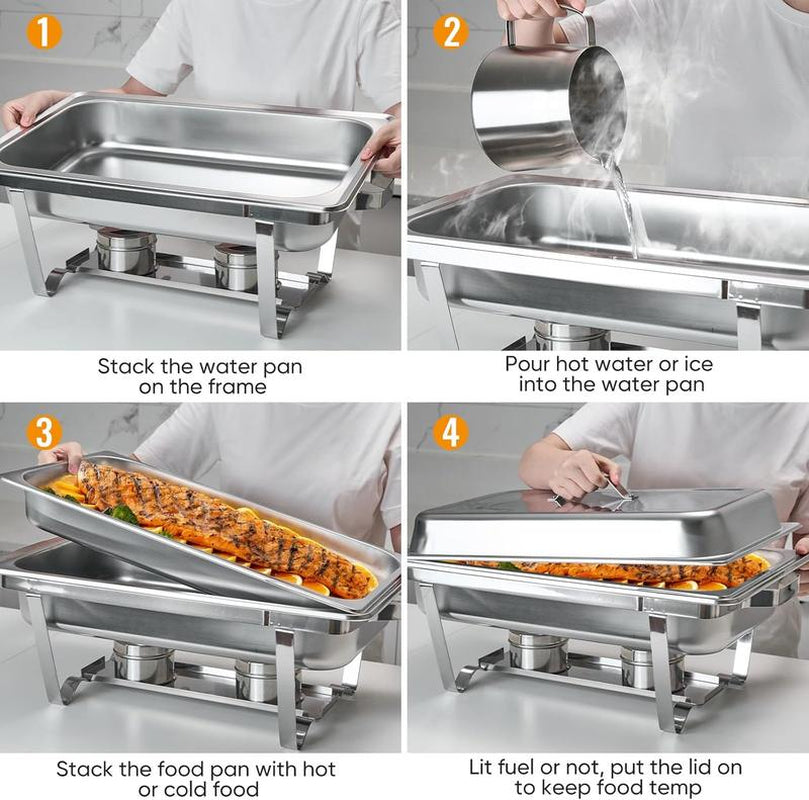 Kerilyn 4 Packs 9QT Chafing Dishes for Buffet Set, Rectangular Stainless Steel Food Warmer Sets with Lids, Food Pans, Water Pan and Fuel Holders for Restaurant Catering Parties Weddings Serving Food Warmer & Chafers Servers Sets