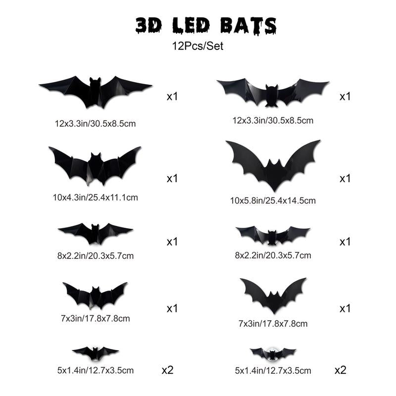 Bougerv 3D Bat Design LED Decorations 12Pcs/24Pcs Set Spooky Ornaments for Home Party Festival Halloween Easy Install Wall Stickers Smooth Application - Decorative(Non-Remote)