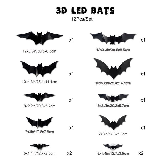 Bougerv 3D Bat Design LED Decorations 12Pcs/24Pcs Set Spooky Ornaments for Home Party Festival Halloween Easy Install Wall Stickers Smooth Application - Decorative(Non-Remote)