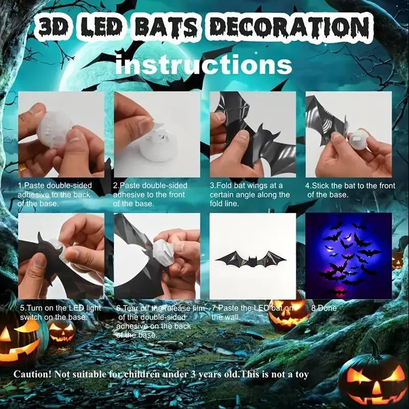 Bougerv 3D Bat Design LED Decorations 12Pcs/24Pcs Set Spooky Ornaments for Home Party Festival Halloween Easy Install Wall Stickers Smooth Application - Decorative(Non-Remote)