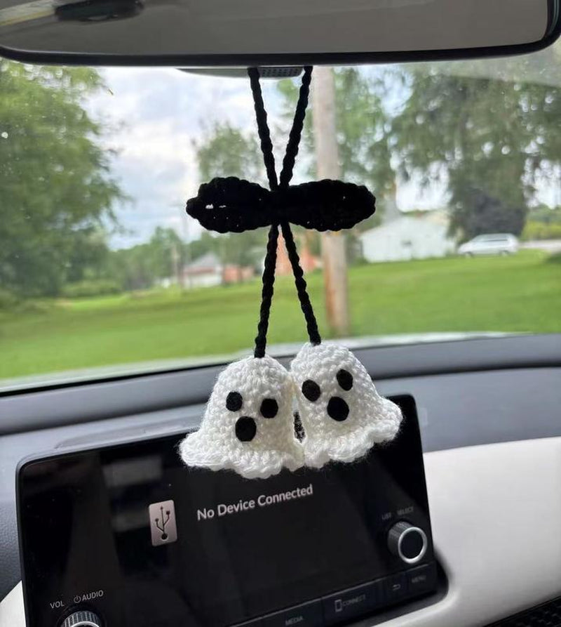 Halloween 2025,Decor,Crochet,Ghost Pumpkin Rearview Mirror Charm,Hanging Car Charm, Handmade Halloween Ornament, Amigurumi Spooky Cute Décor, Durable Yarn, Easy to Hang, Fits Car Mirror Doors Walls Trees, Multi, Holiday