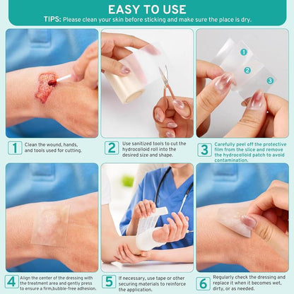 Amzfusfred Medical-Grade Hydrocolloid Bandage Roll Waterproof Flexible Hypoallergenic Latex-Free for Wound Care Secure Adhesion Semi-Transparent Comfortable Design