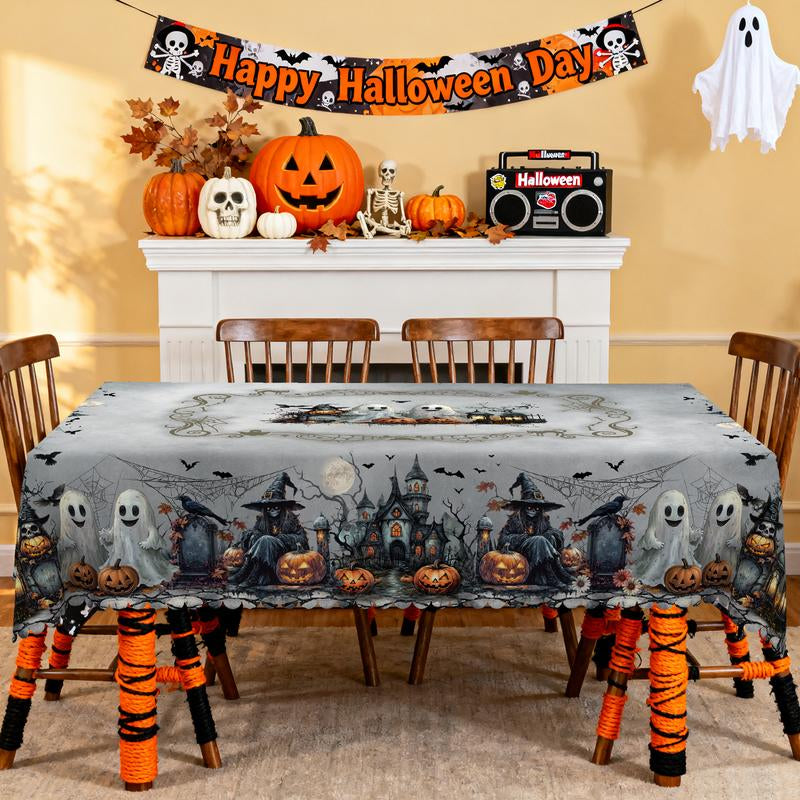Eikione-Spooky Night Halloween Tablecloth – Moon, Bat & Graveyard Print – Waterproof & Wrinkle-Free for Any Table Shape