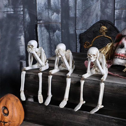 3Pcs Halloween Statues No-Evil Skeleton Collectible-Figurines - Realistic Skull Decorations See Speak Hear No Evil Home Decor Set of 3, 2.3L X 4W X 4.3H Inch Ornaments Swinging Pumpkin Mini Finger Scary Flying Ghost Doll Costume Bat Wings Pet
