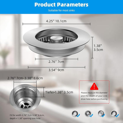 All Metal Stainless Steel 3-In-1 Kitchen Sink Drain Strainer and Stopper Combo, Upgraded Sink Stopper, Anti-Clog Stainless Steel Basket Strainer with Handle, Suitable for US Standard 3-1/2 Inch Drains