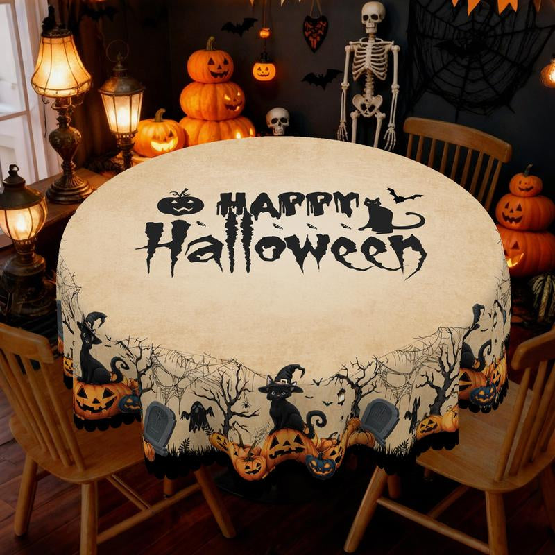 Eikione-Spooky Night Halloween Tablecloth – Moon, Bat & Graveyard Print – Waterproof & Wrinkle-Free for Any Table Shape
