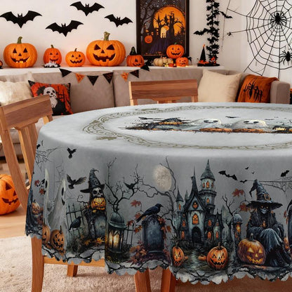 Eikione-Spooky Night Halloween Tablecloth – Moon, Bat & Graveyard Print – Waterproof & Wrinkle-Free for Any Table Shape