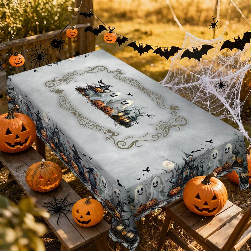 Eikione-Spooky Night Halloween Tablecloth – Moon, Bat & Graveyard Print – Waterproof & Wrinkle-Free for Any Table Shape