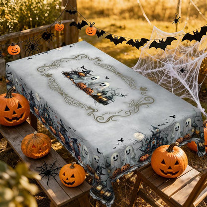 Eikione-Spooky Night Halloween Tablecloth – Moon, Bat & Graveyard Print – Waterproof & Wrinkle-Free for Any Table Shape
