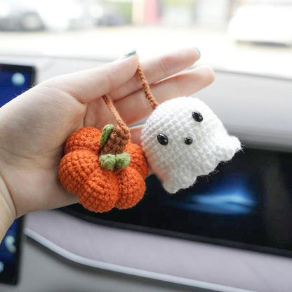Halloween 2025,Decor,Crochet,Ghost Pumpkin Rearview Mirror Charm,Hanging Car Charm, Handmade Halloween Ornament, Amigurumi Spooky Cute Décor, Durable Yarn, Easy to Hang, Fits Car Mirror Doors Walls Trees, Multi, Holiday