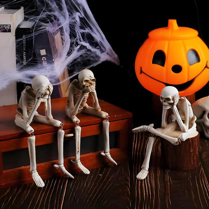 3Pcs Halloween Statues No-Evil Skeleton Collectible-Figurines - Realistic Skull Decorations See Speak Hear No Evil Home Decor Set of 3, 2.3L X 4W X 4.3H Inch Ornaments Swinging Pumpkin Mini Finger Scary Flying Ghost Doll Costume Bat Wings Pet
