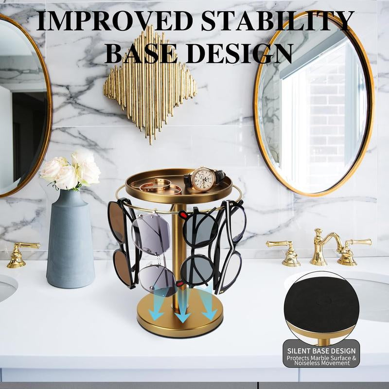 360? Rotating Sunglass Organizer Storage, Stainless Steel Glasses Holder Stand, Glasses Organizer with Tray for Desk, Dresser, Tabletop, Nightstand and Home Decor ()
