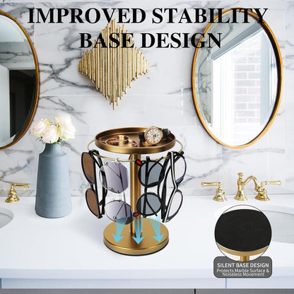 360? Rotating Sunglass Organizer Storage, Stainless Steel Glasses Holder Stand, Glasses Organizer with Tray for Desk, Dresser, Tabletop, Nightstand and Home Decor ()