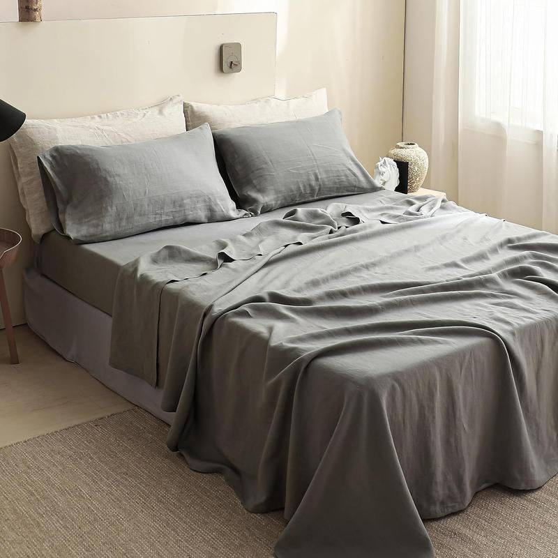 Simple&Opulence 100% Linen Sheets Set, Natural French Linen Bed Sheets, Breathable Soft Durable Bedding Set for All Season