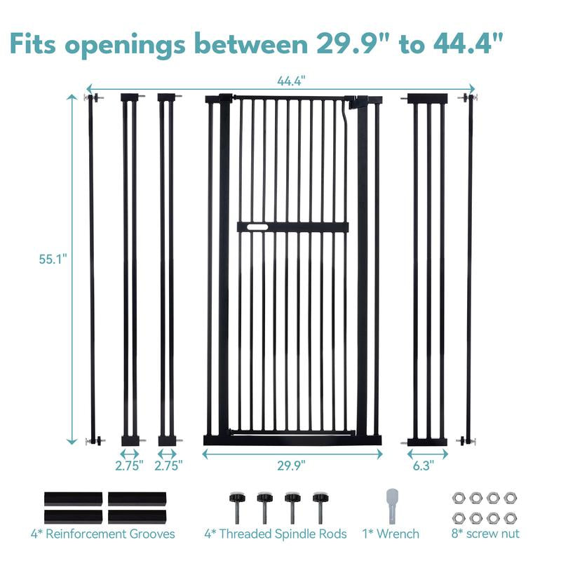 55.1" Extra Tall Pet Gate, 29.9-44.4" Wide Dog Gates for Doorways & Stairs, Metal Auto Close Cat Gate, Pressure Mounted Dog Gate, NO Tools Needed NO Drilling