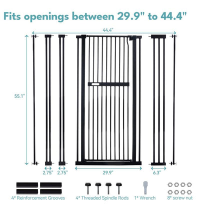 55.1" Extra Tall Pet Gate, 29.9-44.4" Wide Dog Gates for Doorways & Stairs, Metal Auto Close Cat Gate, Pressure Mounted Dog Gate, NO Tools Needed NO Drilling