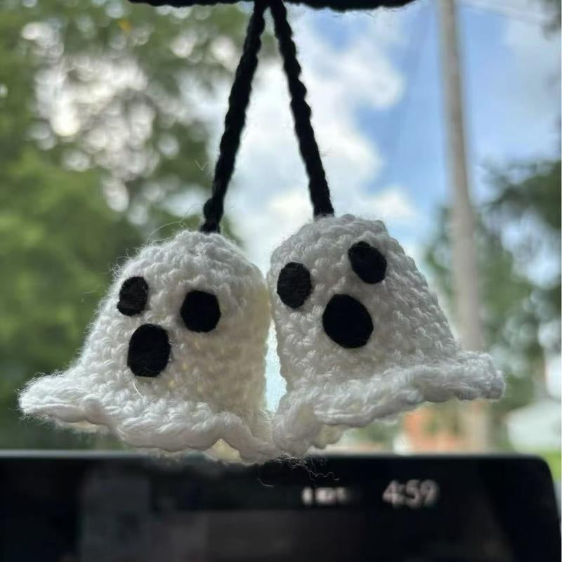 Halloween 2025,Decor,Crochet,Ghost Pumpkin Rearview Mirror Charm,Hanging Car Charm, Handmade Halloween Ornament, Amigurumi Spooky Cute Décor, Durable Yarn, Easy to Hang, Fits Car Mirror Doors Walls Trees, Multi, Holiday