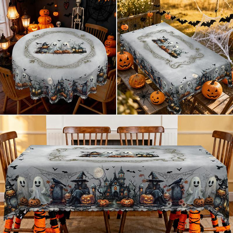 Eikione-Spooky Night Halloween Tablecloth – Moon, Bat & Graveyard Print – Waterproof & Wrinkle-Free for Any Table Shape