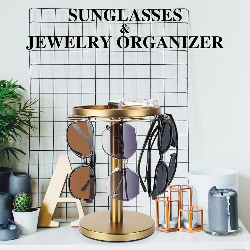 360? Rotating Sunglass Organizer Storage, Stainless Steel Glasses Holder Stand, Glasses Organizer with Tray for Desk, Dresser, Tabletop, Nightstand and Home Decor ()