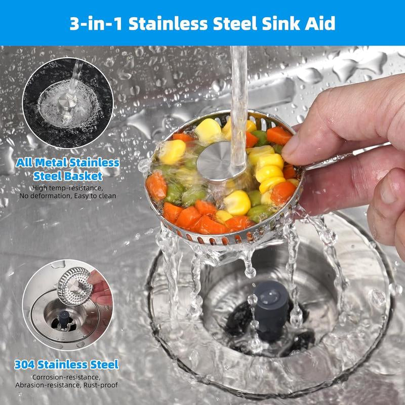 All Metal Stainless Steel 3-In-1 Kitchen Sink Drain Strainer and Stopper Combo, Upgraded Sink Stopper, Anti-Clog Stainless Steel Basket Strainer with Handle, Suitable for US Standard 3-1/2 Inch Drains